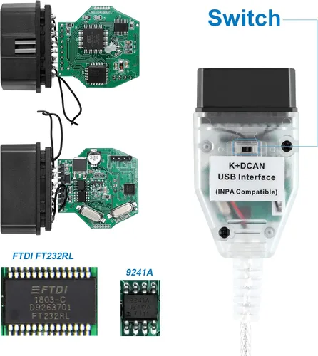 Vista 2 de LZLRUN K+CAN K+DCAN Herramienta de diagnóstico del coche OBD USB Interfaz con interruptor para BMW con FT232RL NCS Codificación Winkfp Tool32