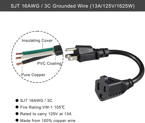 Vista 4 de Cable de extensión de alimentación corto – 8 pulgadas, 3 clavijas, protector de toma de tierra 16AWG/13A, cable de alimentación resistente