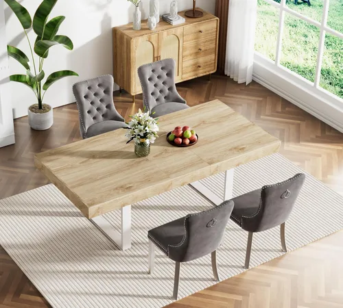 Vista 44 de Juego de mesa de comedor extensible marrón de 63 a 78.74 pulgadas para 4, juego de mesa de comedor de 5 piezas con 4 sillas tapizadas, mesa