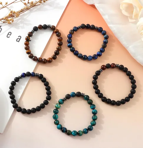 Vista 6 de MOZAKA 12 pulseras con cuentas de piedra natural de lava de 0.315 in para hombres y mujeres, ojo de tigre, hematita, ónix negro, cuentas mate