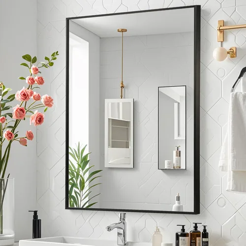 Vista 8 de Espejo de baño negro de 22"x30", espejo rectangular con marco de metal negro mate, espejo de tocador con esquinas cuadradas, espejo para pared