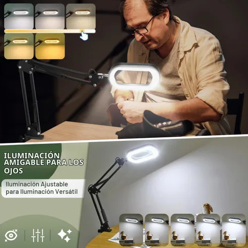 Vista 3 de Veemagni Lupa de Aumento 10X con Luz y Soporte, Vidrio Real Rectangular, 5 Modos de Color Regulables Lámpara de Escritorio LED 2 en 1 y Abrazadera