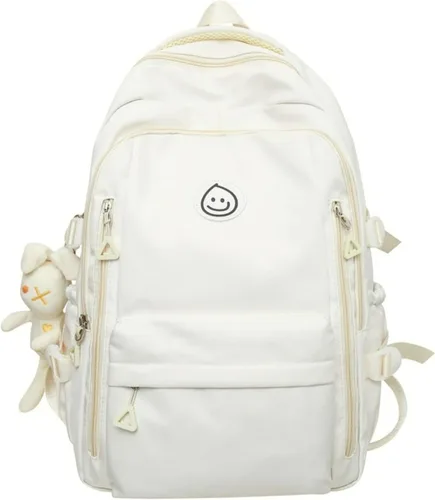 Vista 3 de Mochila preppy con bonito colgante para mujer, mochila para laptop con cara sonriente, mochila kawaii ligera y estética universitaria, Negro