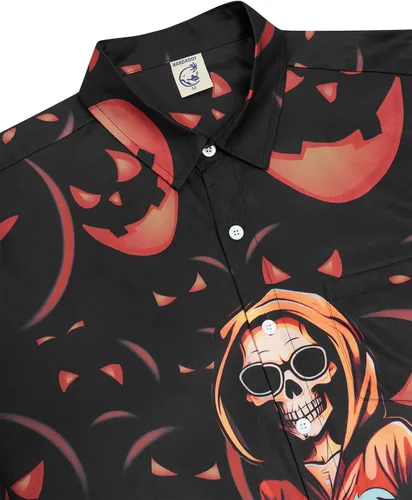 Vista 3 de Hardaddy Camisa de Halloween para hombre, manga corta, con botones, divertida impresión, casual