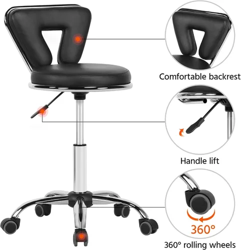 Vista 4 de Yaheetech Nail Tech - Silla con respaldo ajustable, color negro Adjust the seat from 18.3” to 24” for manicure, styling or spa work; five swivel