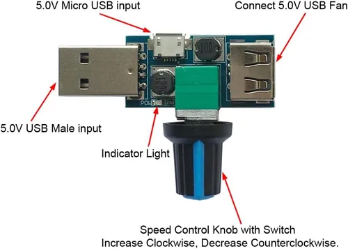 Vista 3 de Paquete de 2 controladores de ventilador USB, regulador de velocidad continuo, regulador de velocidad de aire, regulador de enfriamiento de volumen