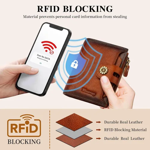 Vista 5 de Cartera de cuero con doble pliegue para mujer, bloqueo RFID, tarjetero compacto, cartera pequeña con ventana para identificación extraíble, A1