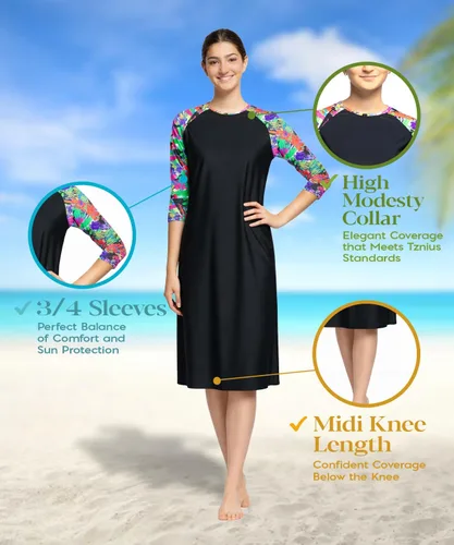 Vista 3 de Vestido de natación Shira Modest para mujer, manga 34, cubierta Tznius, protección solar UPF 50+, secado rápido
