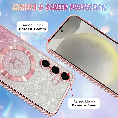 Vista 696 de Bonoma - Funda compatible con Samsung Galaxy S21 Plus, diseño de corazón con purpurina, color rosa Support for MagSafe, Plating Magnetic Case TPU