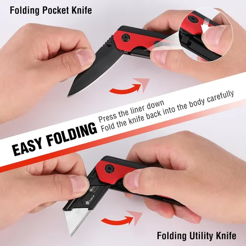 Vista 7 de WORKPRO Cuchillo plegable 2 en 1, cortador de caja de cambio rápido con clip para cinturón, bloqueo de revestimiento y mango G10, 10 cuchillas SK5
