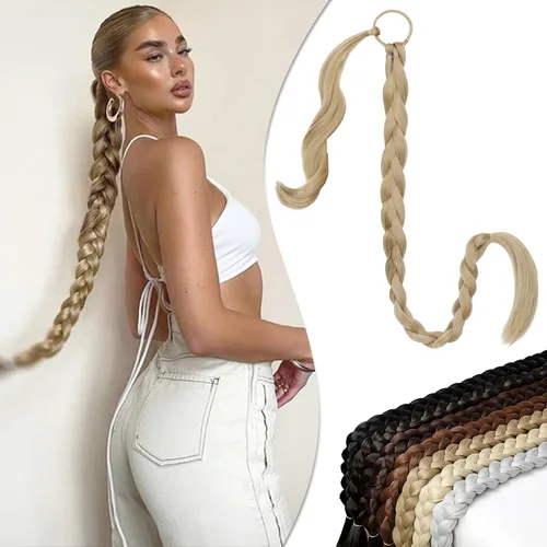 Vista 8 de Extensión de cola de caballo larga trenzada con banda para el cabello, color marrón claro, extensiones de cabello sintético suave y natural