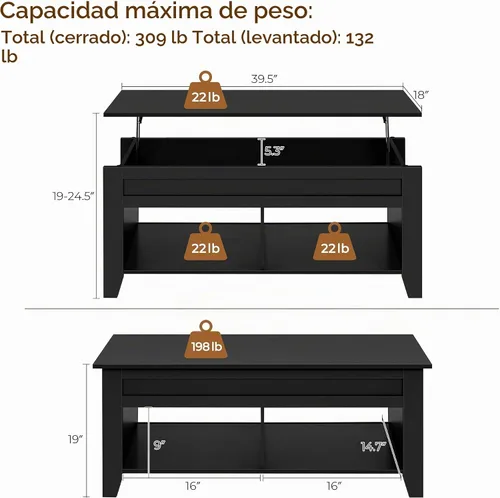 Vista 3 de Yaheetech Mesa auxiliar elevable de 39.5 pulgadas con estante