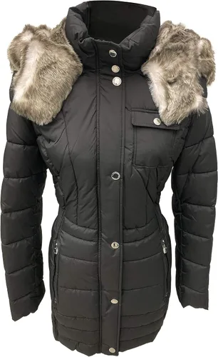 Vista 4 de Laundry by Shelli Segal womens Quilted Puffer Coat with Faux Fur-Trimmed Hood & Fit-and-Flare Waist Hueso