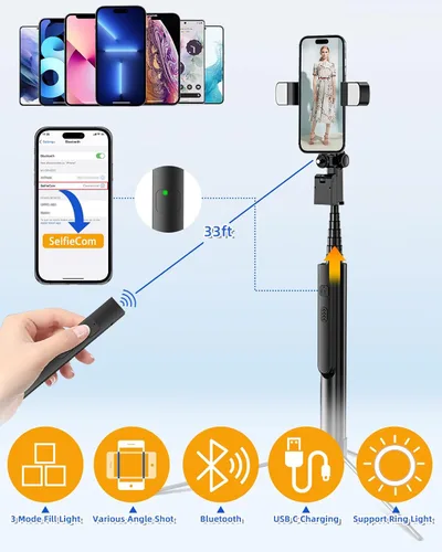 Vista 4 de TVACHE Soporte para teléfono y trípode para selfie de 67 pulgadas extensible todo en uno trípode portátil de aluminio para teléfono celular
