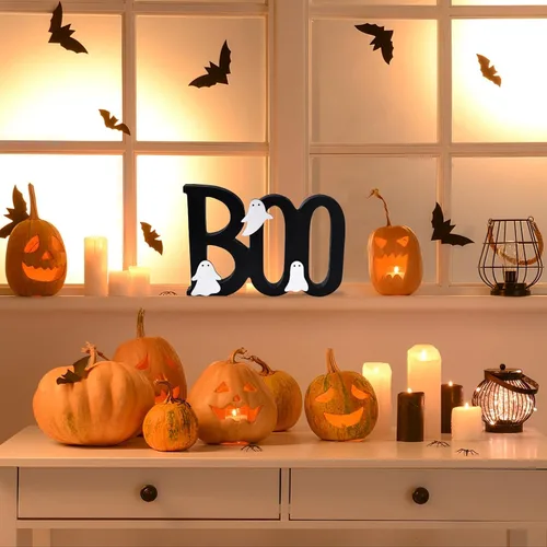 Vista 4 de Ovootok Wooden Boo Sign Halloween Table Decorations Cute Ghost Decor Indoor Halloween Decor Indoor 3-Layer Wooden BOO Sign with Cute White Ghosts
