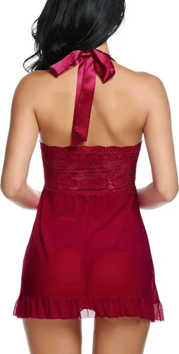 Vista 2 de Avidlove Lencería para Mujer Sexy con Frente Abierto Vestido Babydoll de Encaje con Tanga Camisón de Malla Halter XS-5XL
