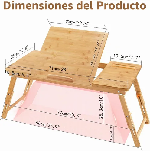 Vista 3 de Nnewvante - Mesa de bambú para laptop, bandeja de regazo ajustable, bandeja para servir cama, mesa de desayuno, mesa de café plegable, 7 ángulos