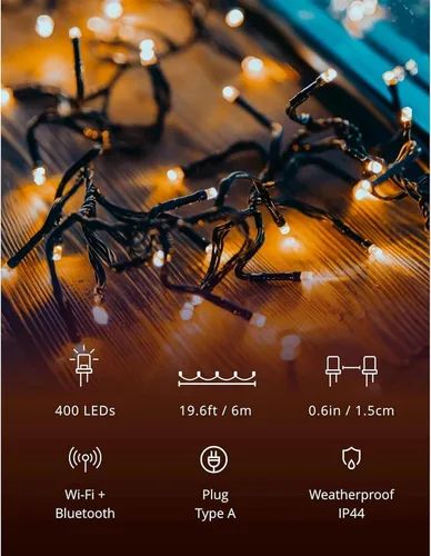 Vista 7 de Twinkly Cluster – Luces de Navidad LED controladas por aplicación con 400 LEDs AWW (ámbar, blanco cálido, blanco frío). 19.7 pies. Cable verde.