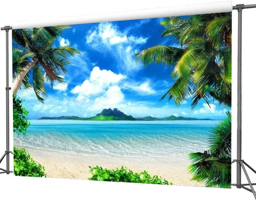 Vista 2 de CYLYH Foto temática de playa de verano de 7 x 5 pies, océano hawaiano, cielo azul, playa, palmeras tropicales, Luau, decoración de fiesta