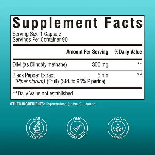 Vista 2 de Vitalibre Suplemento DIM para mujeres y hombres, metabolismo de estrógeno, equilibrio hormonal y apoyo a la menopausia, DIM 300 mg con extracto