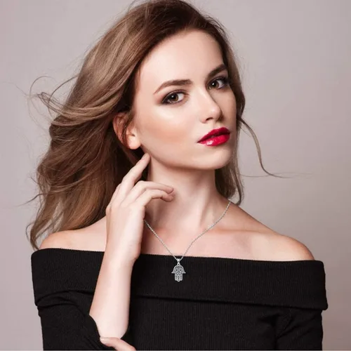 Vista 3 de Collar de mano de Hamsa, plata de ley 925, colgante para mujer, hombre, colgante de mano sagrada de Fátima, con joyería fina, regalo de camino