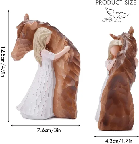 Vista 2 de Estatua de niña abrazando un caballo decorativa - Figura esculpida pintada a mano, regalos para mujeres y amantes de los caballos - Figura