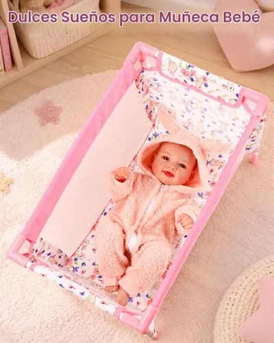 Vista 2 de Cuna para Muñecas Bebé Reborn, Cama de Muñeca para Bebés de 18 Pulgadas, Cuna de Juguete Extraíble para Corralito de Muñecas de Bebé, Accesorios