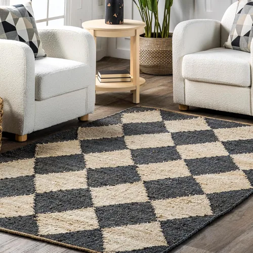 Vista 8 de Rugs USA Livy Hecho a mano, carbón/marfil, 5 x 8 pies, yute, a cuadros de diamante, yute, suave y texturizado, alto tráfico, resistente a