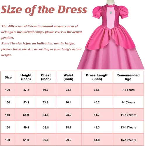 Vista 7 de PENDELY Disfraz de princesa melocotón para niñas, vestido de princesa melocotón para niños de 6, 7, 8, 9, 10, 11, 12 años, disfraz de cosplay
