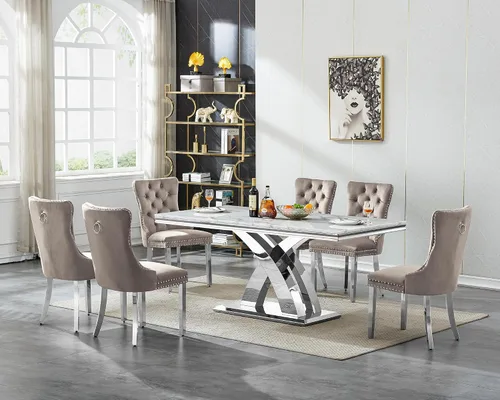 Vista 18 de Juego de mesa de comedor de cristal plateado moderno de 70 pulgadas para 4, juego de mesa de comedor rectangular de 5 piezas con patas de acero