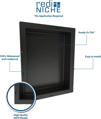 Vista 4 de Redi Niche - Estante de ducha empotrado doble nicho negro, dos estantes interiores, 32 pulgadas de ancho x 20 pulgadas de alto x 4 pulgadas