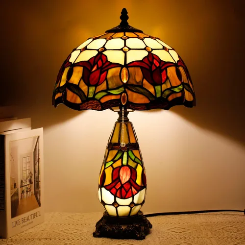 Vista 11 de Lámpara Tiffany de Vidrio Emplomado para Mesa de 12 x 19 Pulgadas Diseño Jarrón Madre e Hija Lámpara de Escritorio de Acento Luz Nocturna