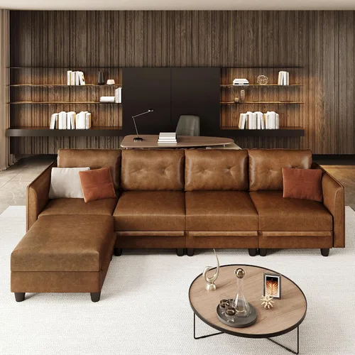 Vista 21 de LLappuil Sofá modular de cuero marrón Sofá seccional con almacenamiento