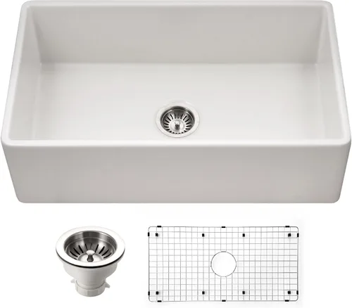 Vista 6 de Houzer Platus PTG-4318 WH - Fregadero de granja de la serie Fireclay de 33 pulgadas con delantal delantero de montaje inferior con cuenco individual