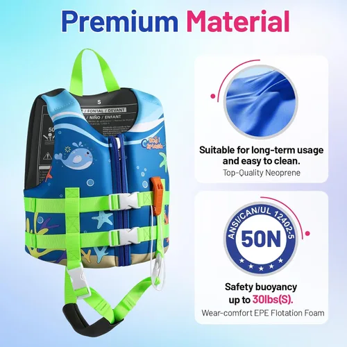 Vista 2 de HeySplash Chaleco de natación para niños pequeños, chaqueta de natación para niños de 30-50/50-80 libras, chaleco flotante para niños con correa