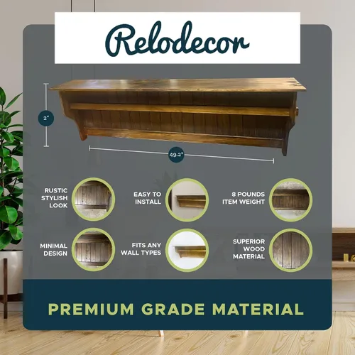 Vista 2 de RELODECOR Estante de edredón montado en la pared con estante, madera de pino maciza, estilo rústico de granja para decoración de dormitorio y sala