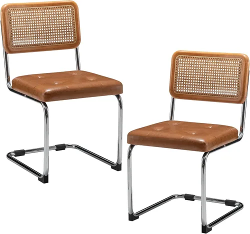 Vista 8 de Juego de 2 sillas de comedor de ratán modernas de mediados de siglo con respaldo tejido de ratán natural y asiento, sillas laterales tapizadas sin