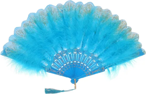 Vista 11 de BABEYOND Abanico de plumas de marabú estilo vintage de los años 20, abanico plegable de mano estilo flapper para disfraz y baile