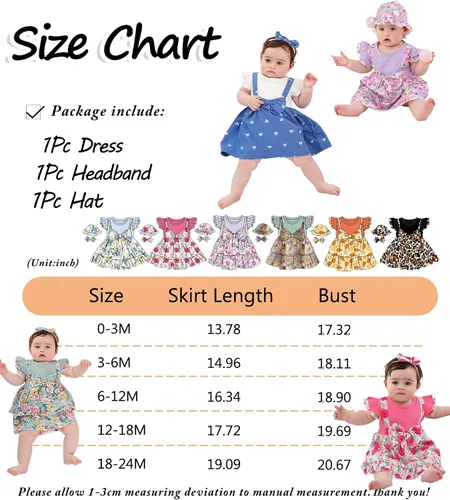 Vista 6 de SUNNY PIGGY Baby Girl Clothes Newborn Infant Dress Outfit 0 3 6 9 12 18 24 Months Skirt Set Headband+Hat