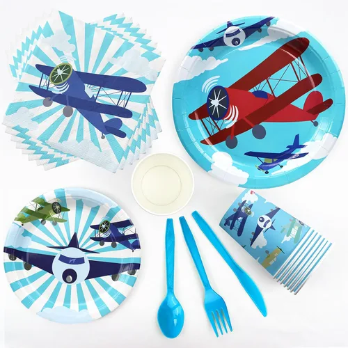 Vista 4 de Decoraciones de fiesta de avión - Platos, servilletas, vajilla y recuerdos - Sirve a 20 invitados