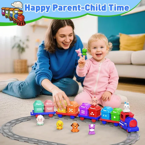 Vista 5 de Juguetes de aprendizaje para niños de 1, 2, 3 años, juego de tren de granja eléctrico para niñas de 2 a 4 años, juguete de tren Montessori