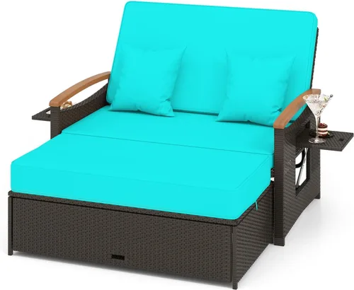 Vista 17 de LDAILY Moccha - Sofá de mimbre para exteriores, sofá biplaza de ratán para patio con respaldo ajustable de 4 niveles, paneles plegables, otomana