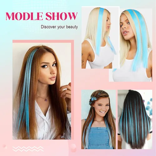Vista 6 de FELENDY 12 extensiones de cabello con clip de color, lacio, ondulado, sintético, para mujer, color azul