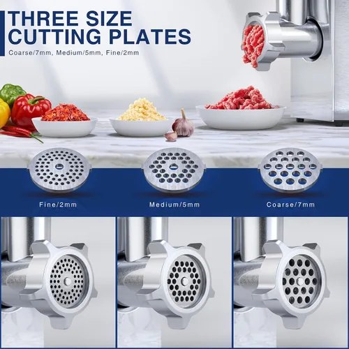 Vista 4 de CHEFFANO Molinillo de carne, picadora de carne eléctrica de acero inoxidable de 2600W, máquina de picado de carne resistente con 2 cuchillas, 3