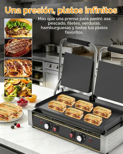 Vista 9 de Panini Press comercial - Parrilla eléctrica Panini de 3600 W, acero inoxidable, controles de temperatura duales, prensa doble sándwich con sartén