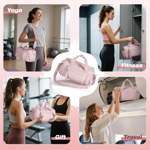 Vista 6 de Pequeña bolsa de gimnasio para mujer, bolsa deportiva de 12 litros con compartimento húmedo, mini bolsa de viaje para entrenamiento y fitness, Rosa