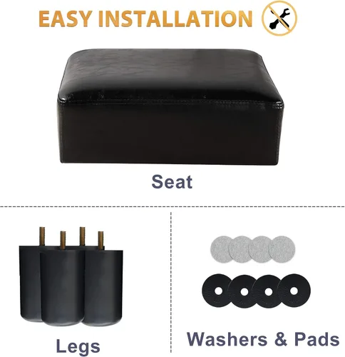 Vista 6 de LUE BONA Taburete rectangular moderno, reposapiés otomano acolchado de piel sintética negra, taburete pequeño para estar, adultos, patio