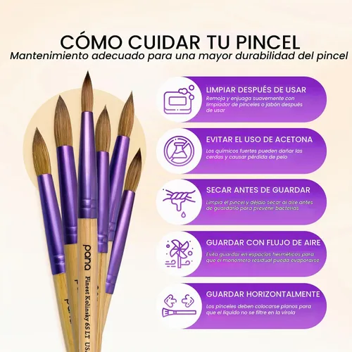 Vista 6 de PANA Pure Kolinsky Cepillo de uñas acrílico con mango de madera - forma redonda Beige