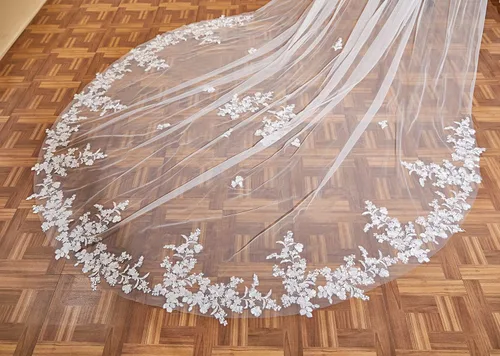 Vista 2 de EllieWely 1 T Catedral longitud floral encaje boda velo nupcial capa con broche F03