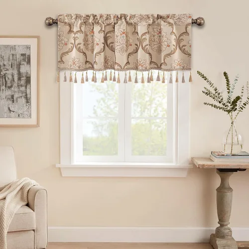Vista 18 de Loom and Mill Cenefas de jacquard de lujo para ventana de sala de estar, elegante cenefa de cortina de damasco beige con ribete de cuentas, cortina